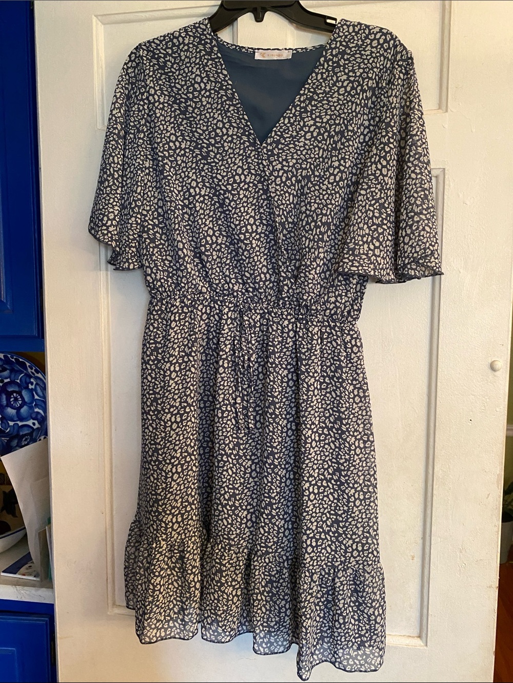 Navy Blue and Cream Kirundo Floral Wrap-Style Midi Dress with Flutter Sleeves